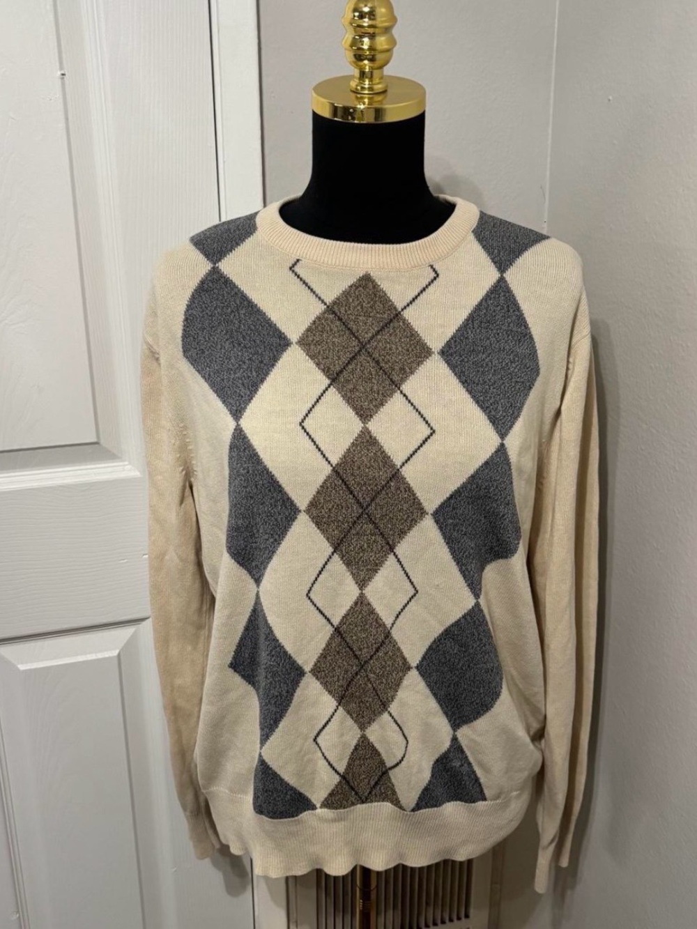 Geoffrey Beene Argyle Preppy Academia Fall Crewneck Sweater Size Medium